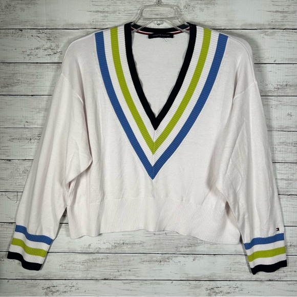 Tommy Hilfiger Women's White Striped-Trim Cropped V-Neck Sweater Top Size L NEW - Picture 2 of 6